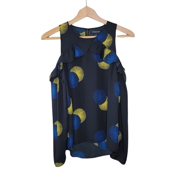 Trouve | Black Blue Yellow Starburst Cold Shoulder Ruffle Detail Blouse Size XS - Picture 1 of 8